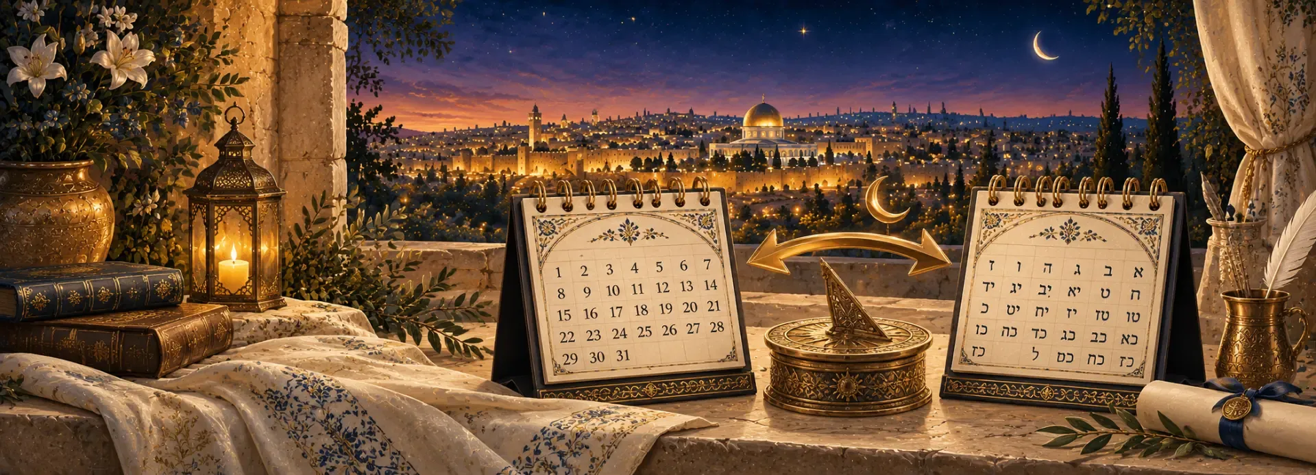 Illustration d’objets judaïques : shofar, bougies, grenade et rouleau de Torah